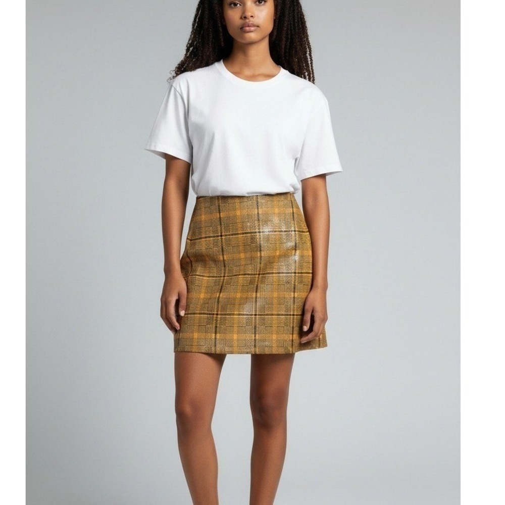 Esqualo Yellow Plaid Coated Mini Skirt Size 8 Glossy Houndstooth Check A-Line